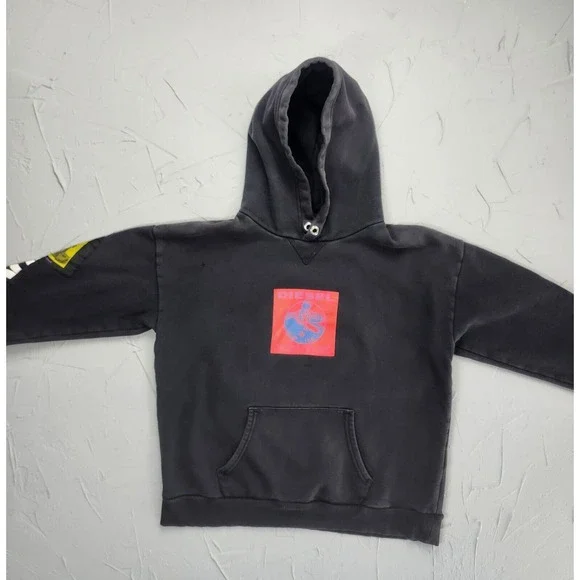 Diesel Hoodie Mens Large Black Haute Kultur Faded Pullover Patch Sweater Adult